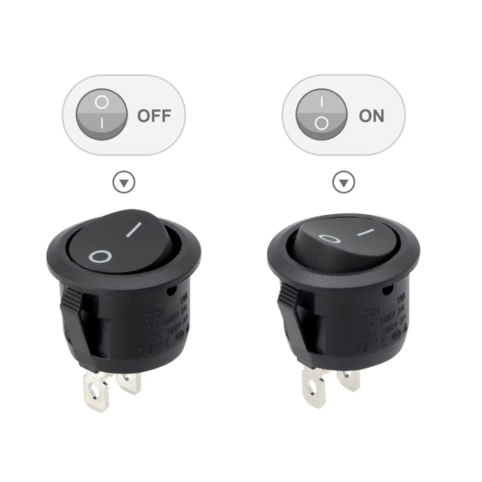 AN/AUS Wippschalter rund 15mm Einbau - schwarzer Kunststoff