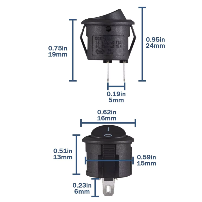 AAN/UIT Wipschakelaar rond 15mm inbouw - zwart kunststof