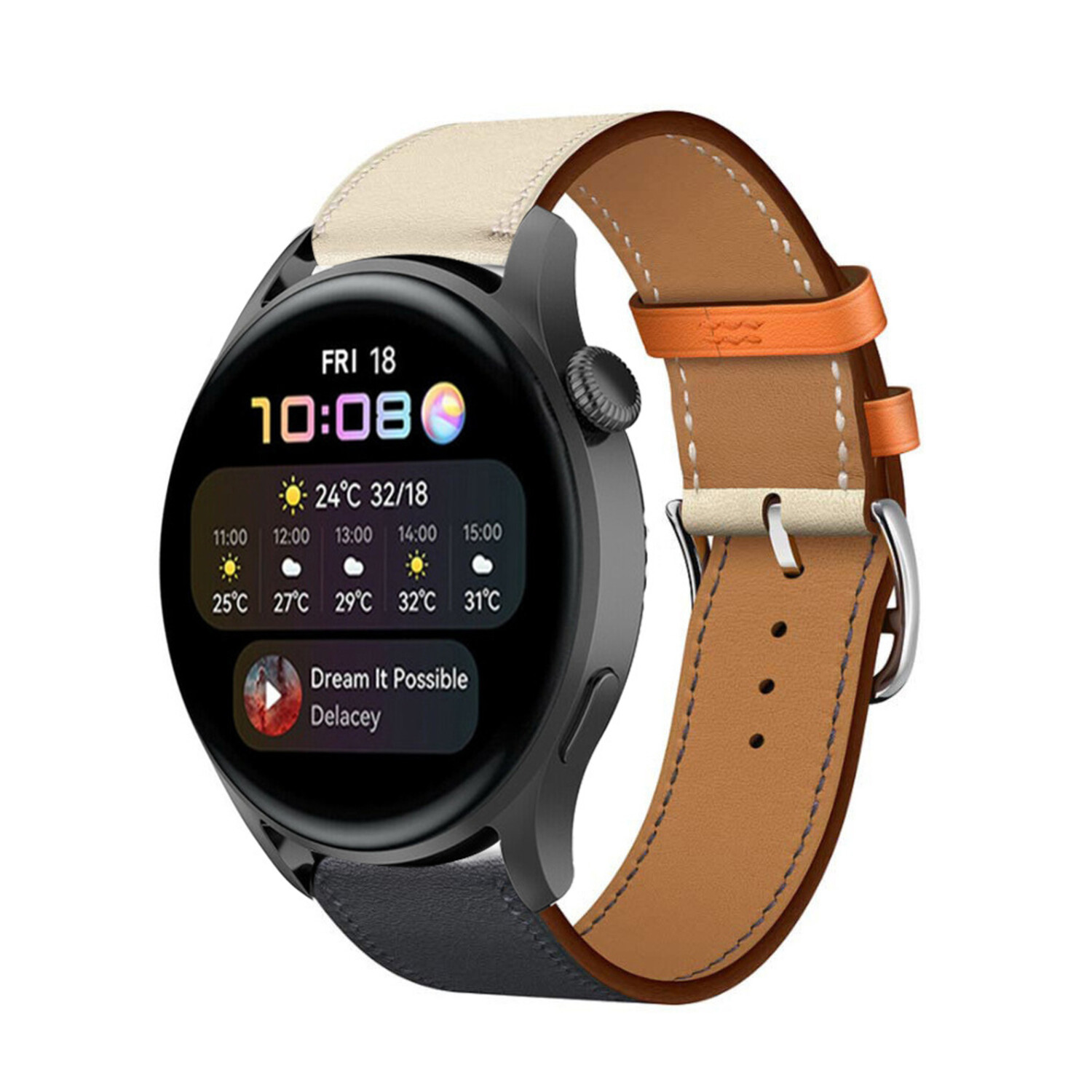 Strap it Strap it Huawei Watch 3 Pro Leather Strap White Dark Blue
