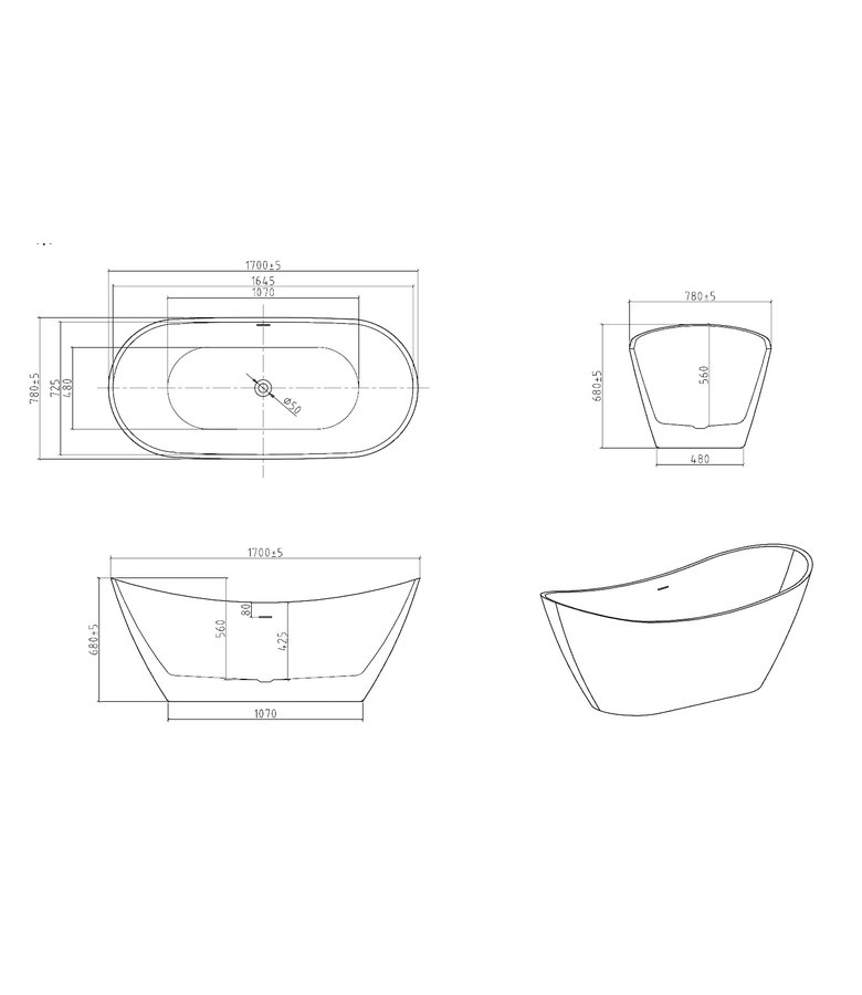 Vrijstaand ligbad Alegre - 170 x 78 x 68 cm - wit