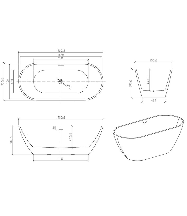 Vrijstaand ligbad Bahia 170 x 75 x 58cm - wit