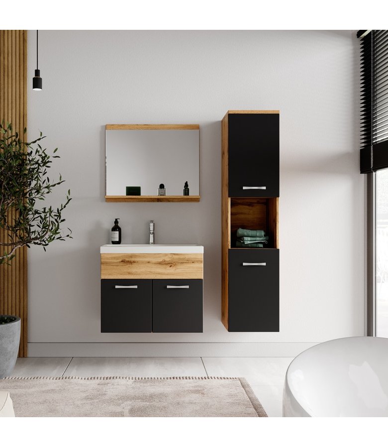 Badkamermeubel Montreal 60cm complete set - eiken met mat zwart