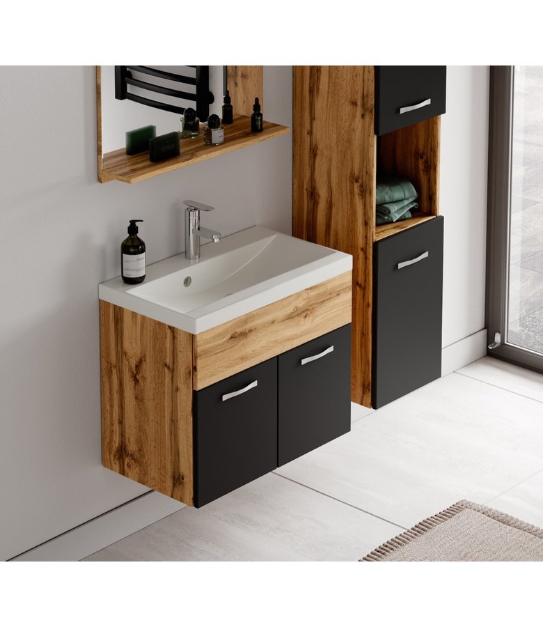 Badkamermeubel Montreal 60cm complete set - eiken met mat zwart