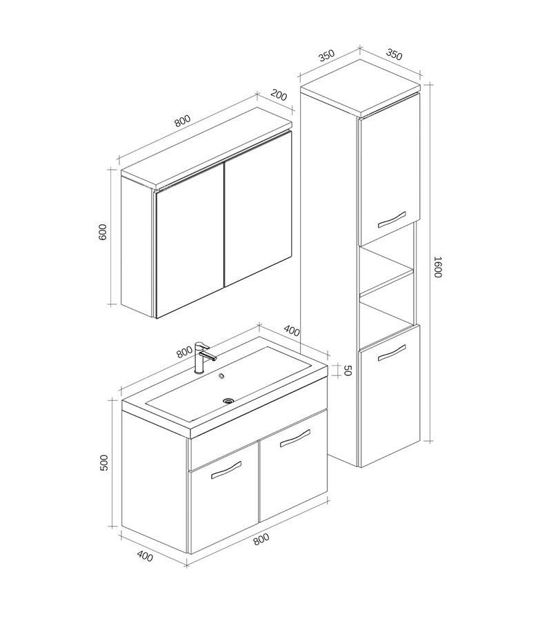 Badkamermeubel Paso XL LED 80cm met spiegelkast - eiken