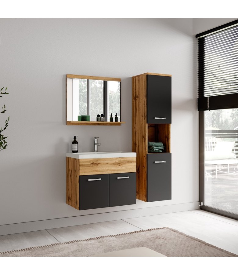 Badkamerkast Montreal 30 x 30 x 131 cm - eiken met mat zwart