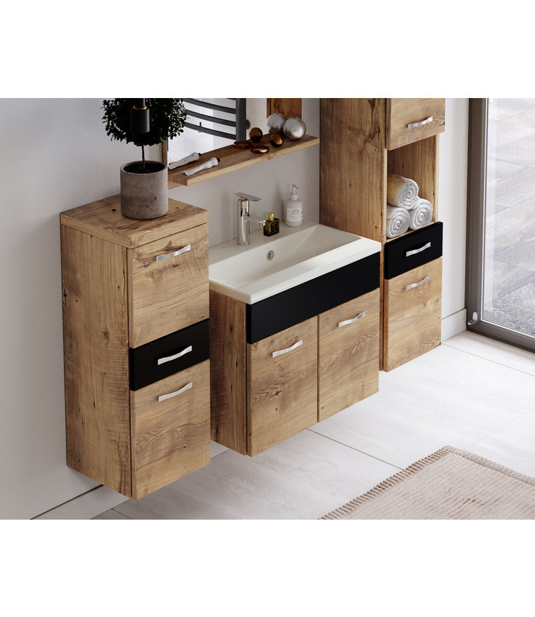 Badkamermeubel Alba 60cm complete set - kastanje eiken met mat zwart