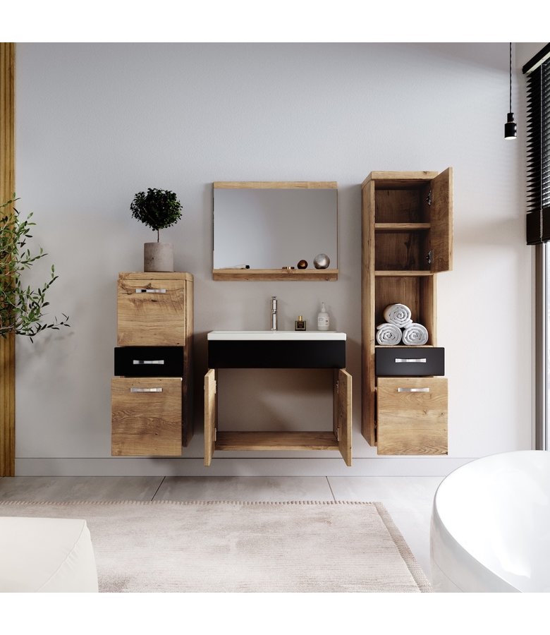 Badkamermeubel Alba 60cm complete set - kastanje eiken met mat zwart