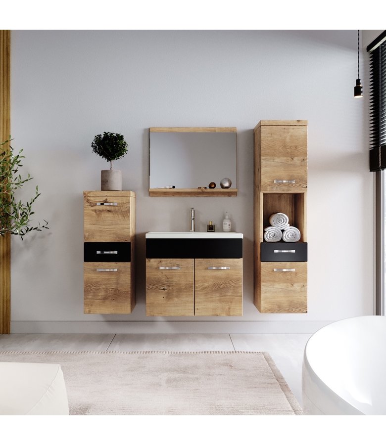 Badkamermeubel Alba 60cm complete set - kastanje eiken met mat zwart
