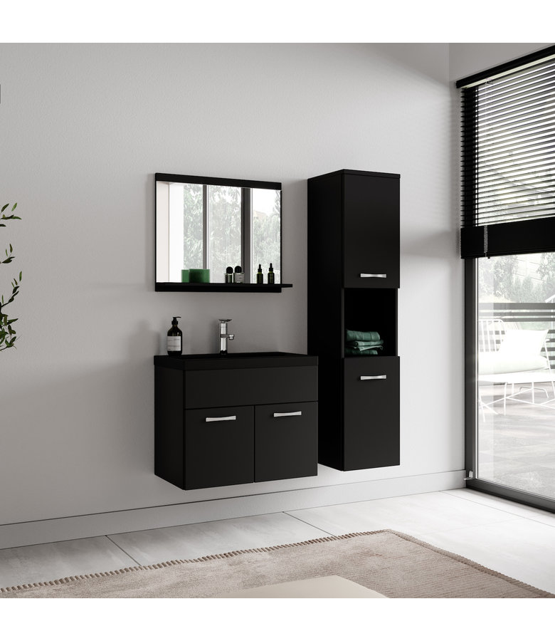 Badkamermeubel Montreal 60cm complete set - mat zwart - zwarte wastafel