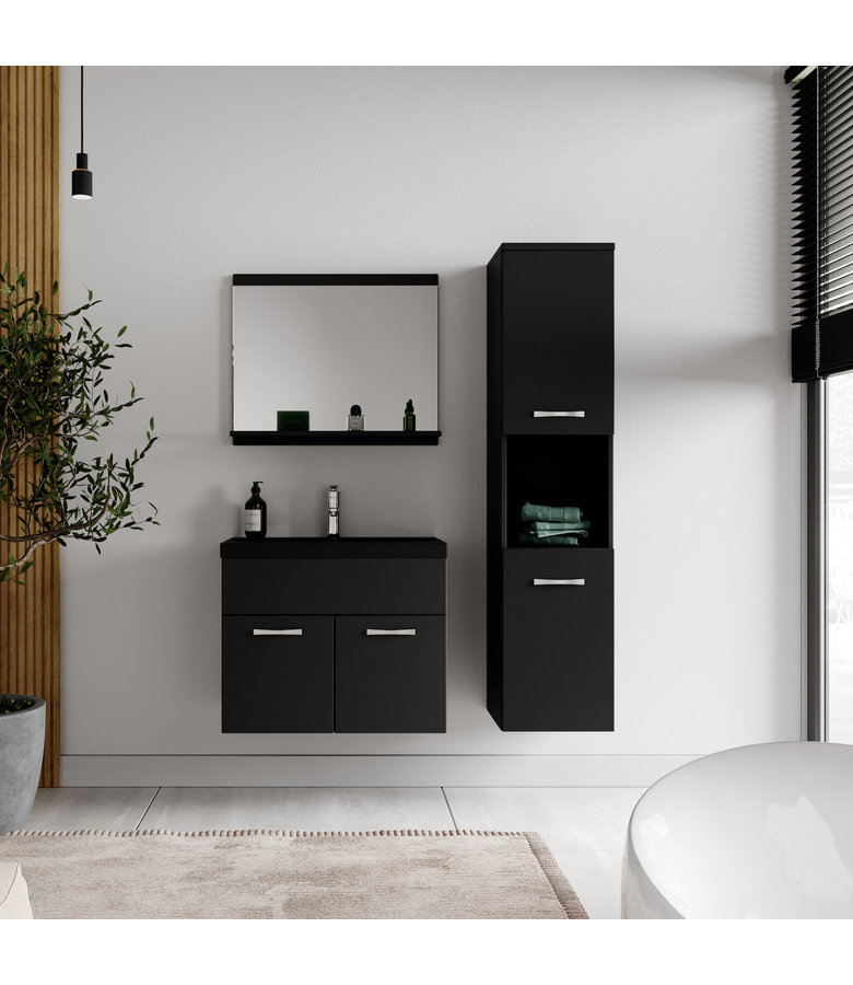 Badkamermeubel Montreal 60cm complete set - mat zwart - zwarte wastafel