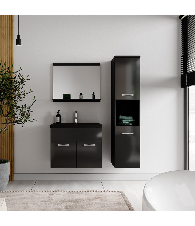 Badkamermeubel Montreal 60cm complete set - hoogglans zwart - zwarte wastafel