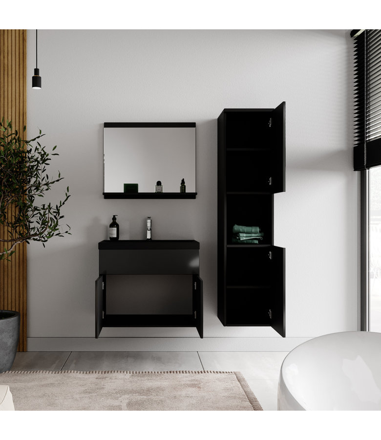 Badkamermeubel Montreal 60cm complete set - hoogglans zwart - zwarte wastafel
