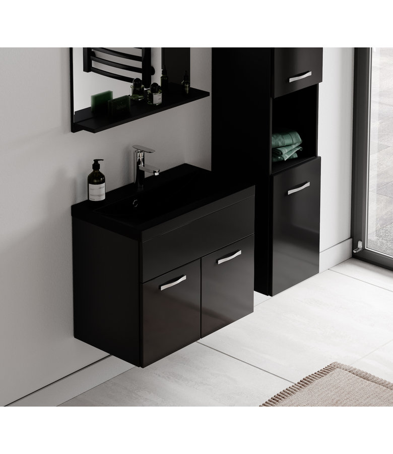 Badkamermeubel Montreal 60cm complete set - hoogglans zwart - zwarte wastafel