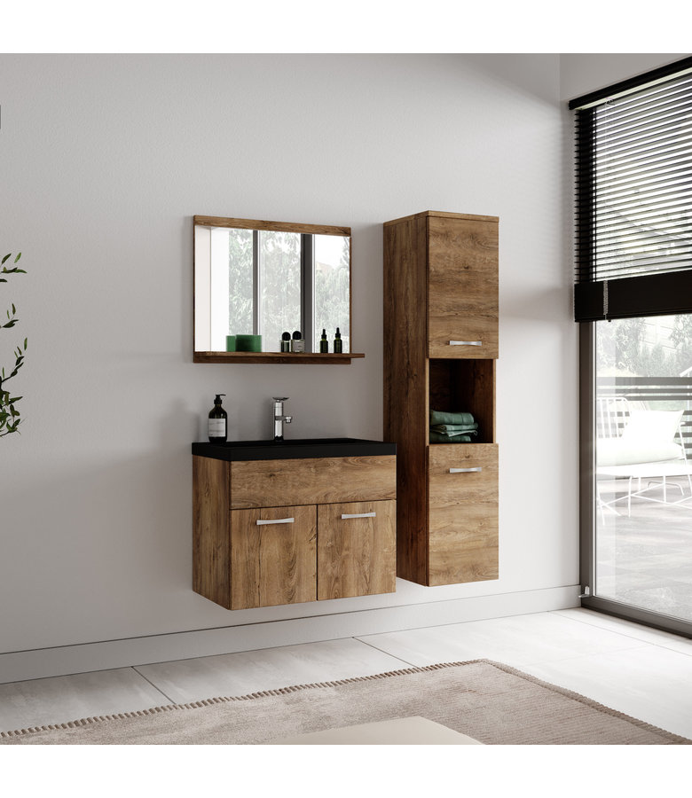 Badkamermeubel Montreal 60cm complete set - bruin eiken - zwarte wastafel