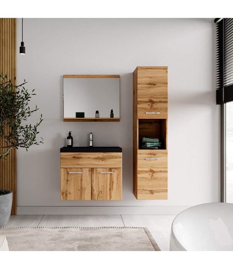 Badkamermeubel Montreal 60cm complete set - eiken - zwarte wastafel