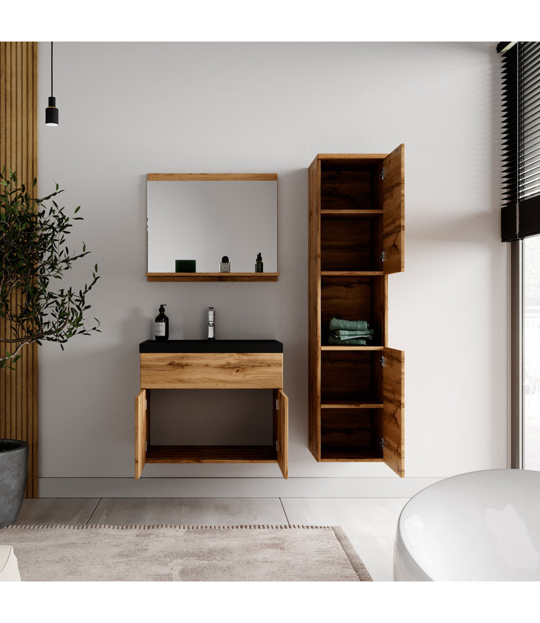 Badkamermeubel Montreal 60cm complete set - eiken - zwarte wastafel