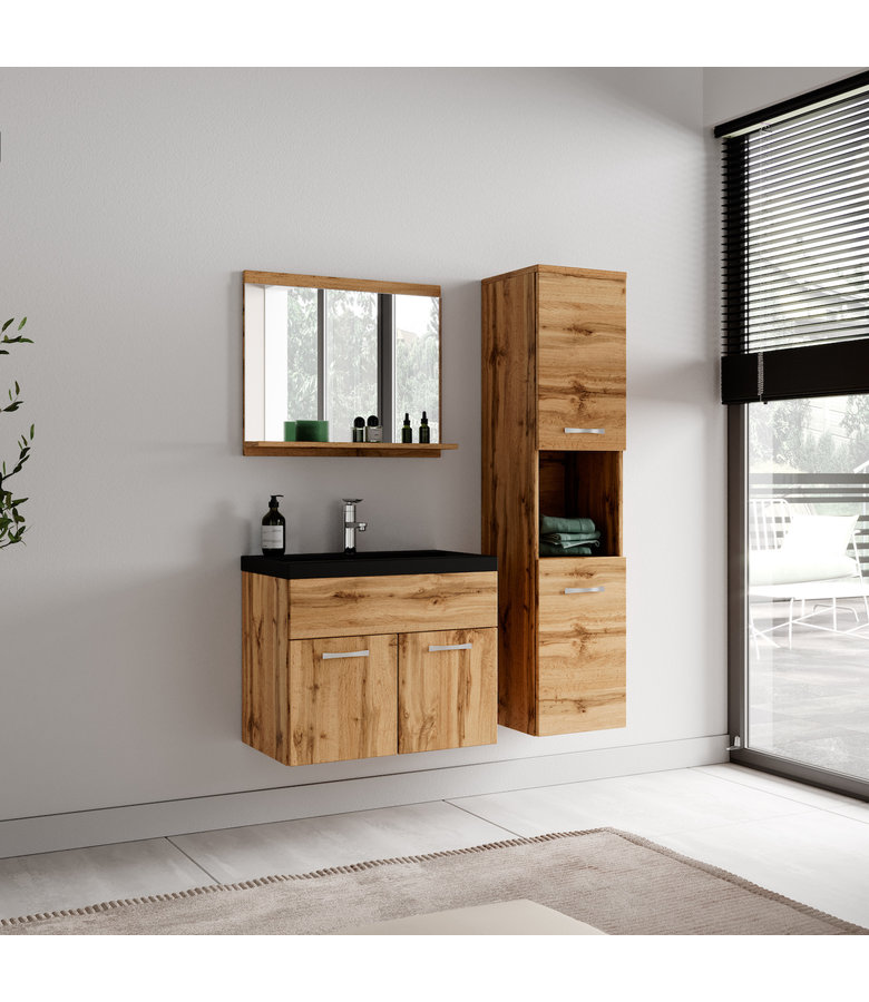 Badkamermeubel Montreal 60cm complete set - eiken - zwarte wastafel