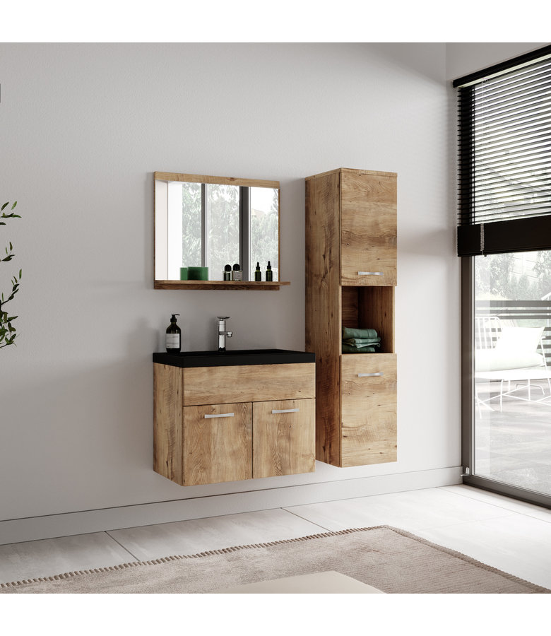 Badkamermeubel Montreal 60cm complete set - kastanje eiken - zwarte wastafel