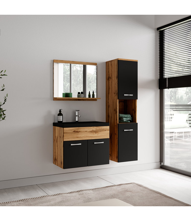 Badkamermeubel Montreal 60cm complete set - eiken met zwart - zwarte wastafel