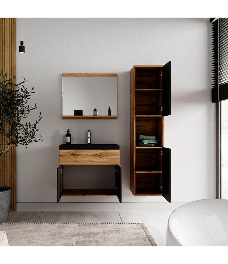 Badkamermeubel Montreal 60cm complete set - eiken met zwart - zwarte wastafel