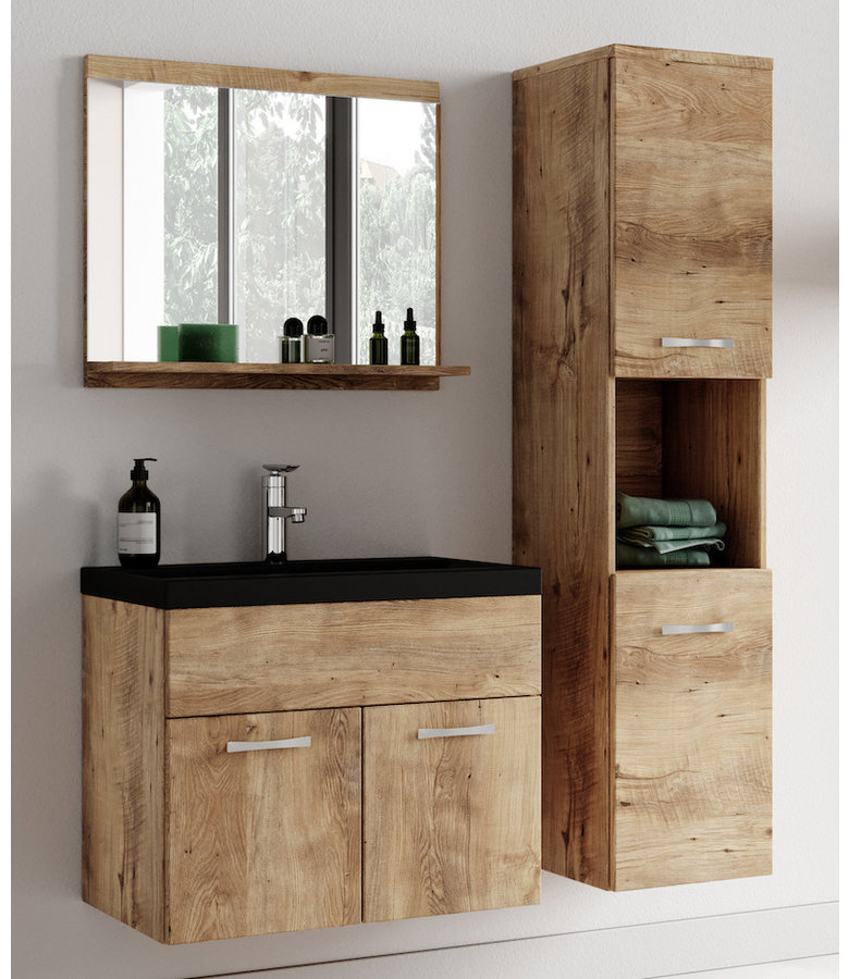 Badkamermeubel Montreal 60cm complete set - kastanje eiken - zwarte wastafel