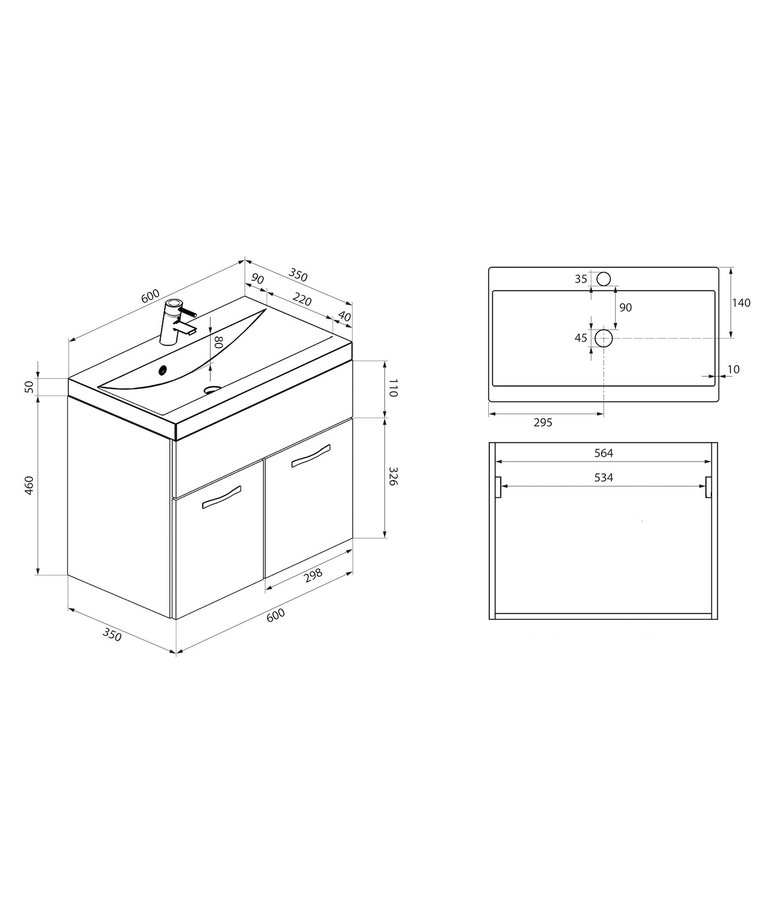 Badkamermeubel Montreal XL 60cm complete set - eiken met mat zwart
