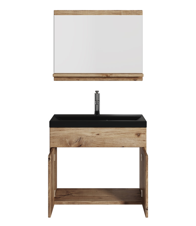 Badkamermeubel Montreal 02 60cm met spiegel - kastanje eiken - zwarte wastafel