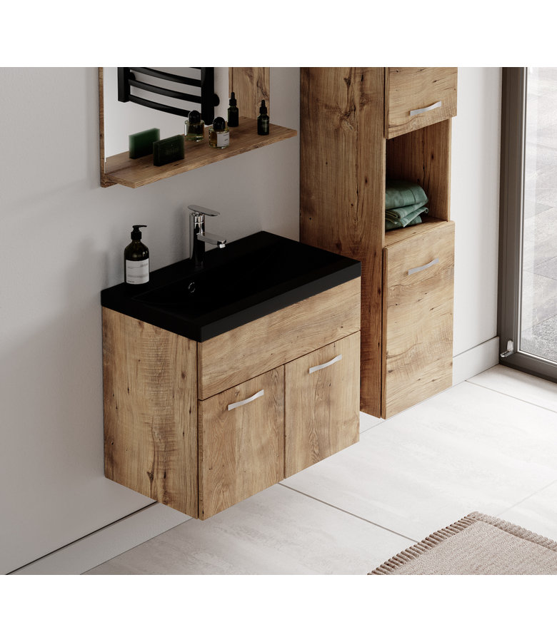 Badkamermeubel Montreal 02 60cm met spiegel - kastanje eiken - zwarte wastafel