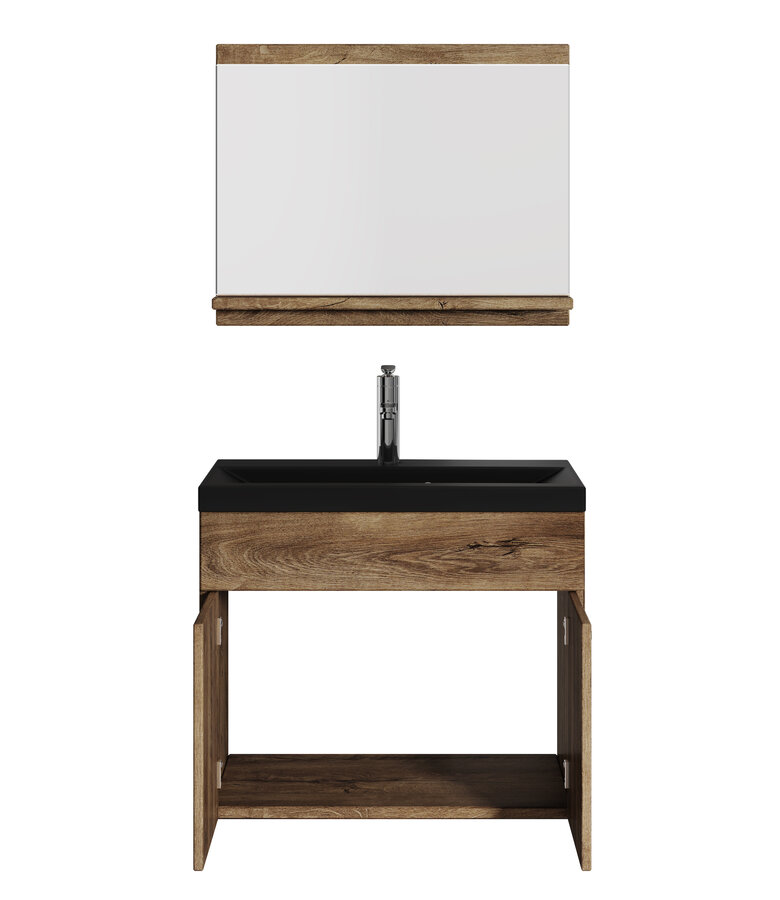 Badkamermeubel Montreal 02 60cm met spiegel - bruin eiken - zwarte wastafel