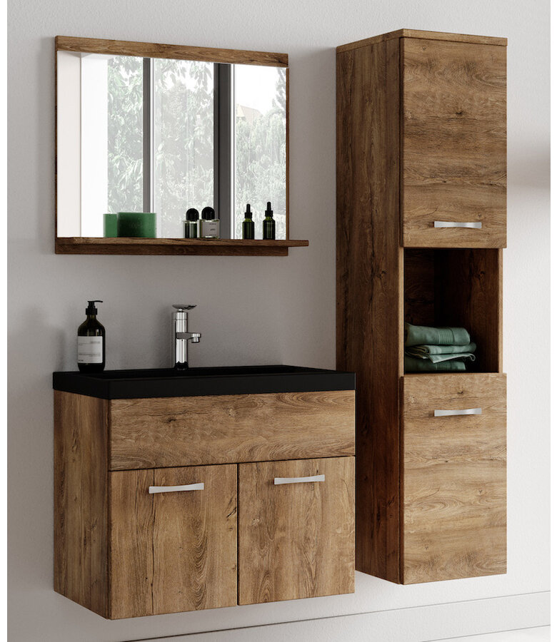Badkamermeubel Montreal 02 60cm met spiegel - bruin eiken - zwarte wastafel