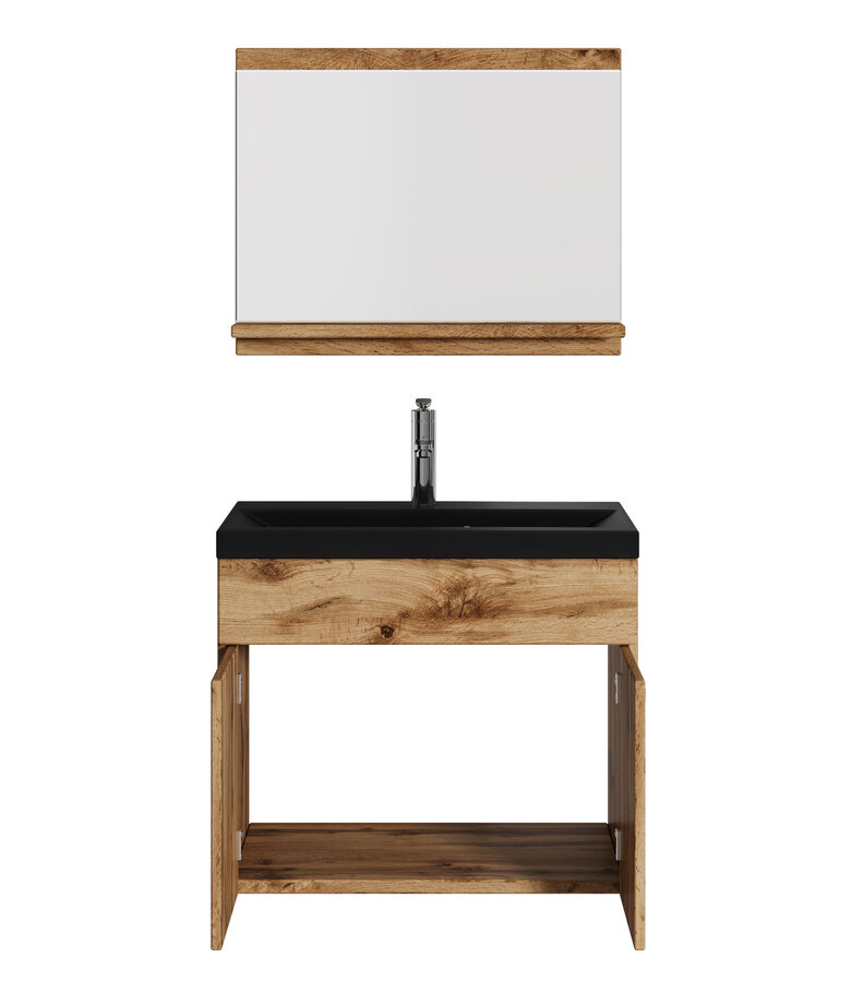 Badkamermeubel Montreal 02 60cm met spiegel - eiken - zwarte wastafel