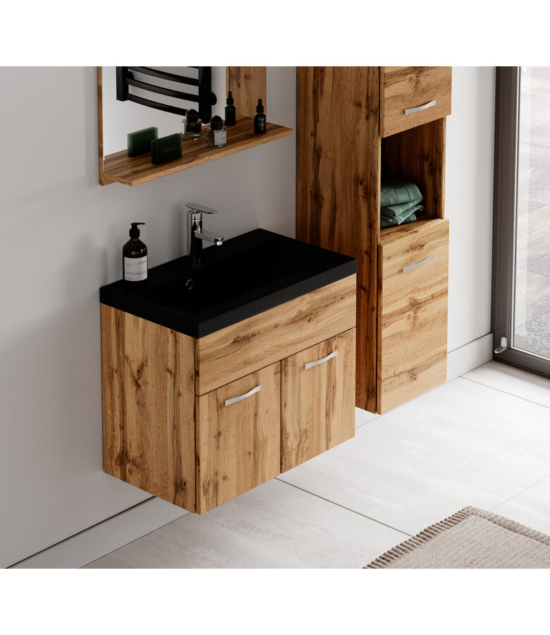 Badkamermeubel Montreal 02 60cm met spiegel - eiken - zwarte wastafel