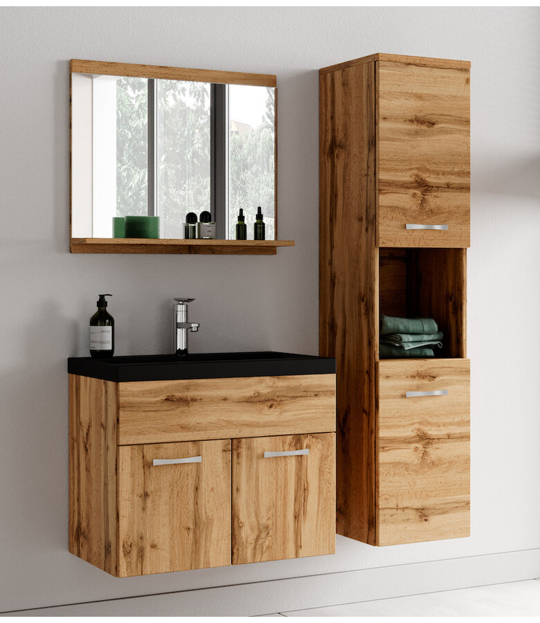 Badkamermeubel Montreal 02 60cm met spiegel - eiken - zwarte wastafel