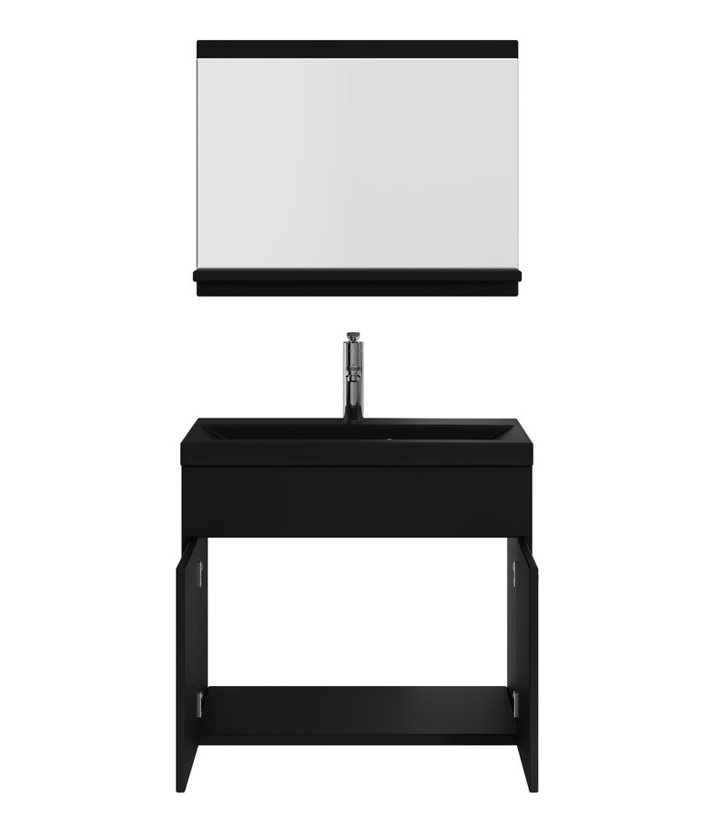 Badkamermeubel Montreal 02 60cm met spiegel - mat zwart - zwarte wastafel