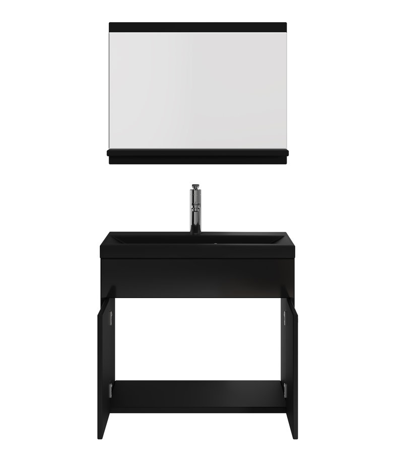 Badkamermeubel Montreal 02 60cm met spiegel - hoogglans zwart - zwarte wastafel
