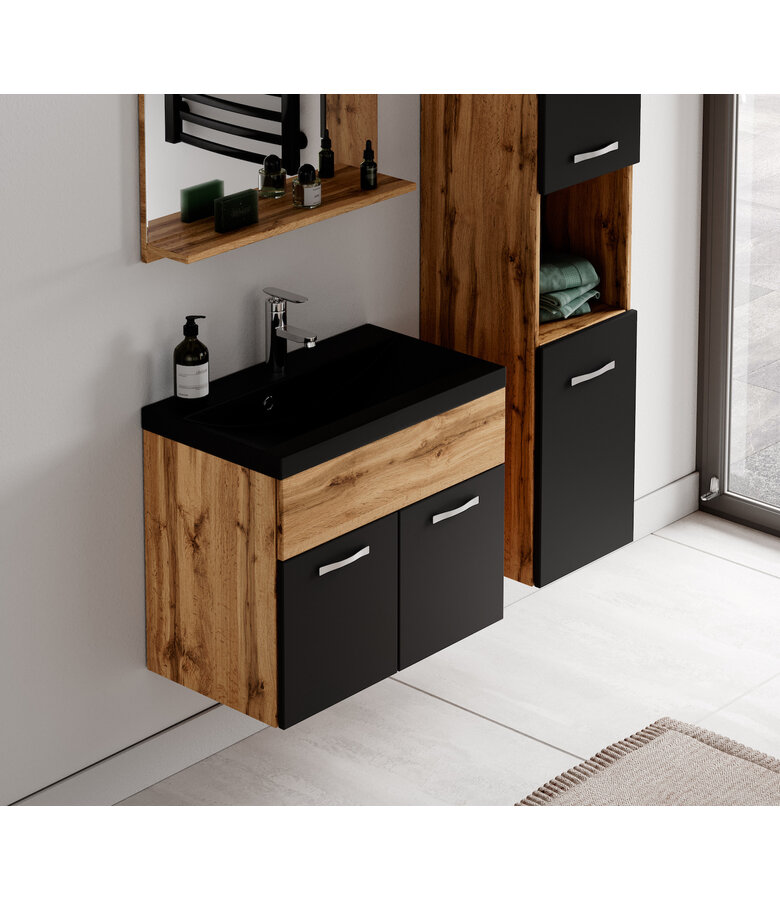 Badkamermeubel Montreal 02 60cm met spiegel - eiken met mat zwart - zwarte wastafel