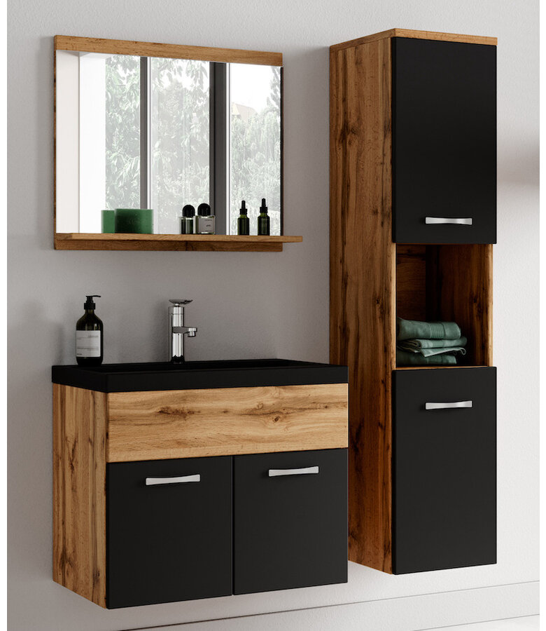 Badkamermeubel Montreal 02 60cm met spiegel - eiken met mat zwart - zwarte wastafel