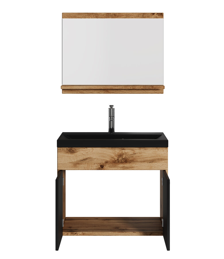 Badkamermeubel Montreal 02 60cm met spiegel - eiken met mat zwart - zwarte wastafel