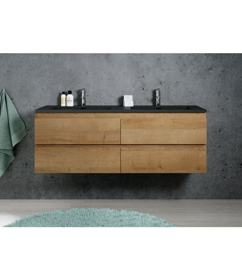 Badkamermeubel Angela 160cm - zwarte wastafel - eiken