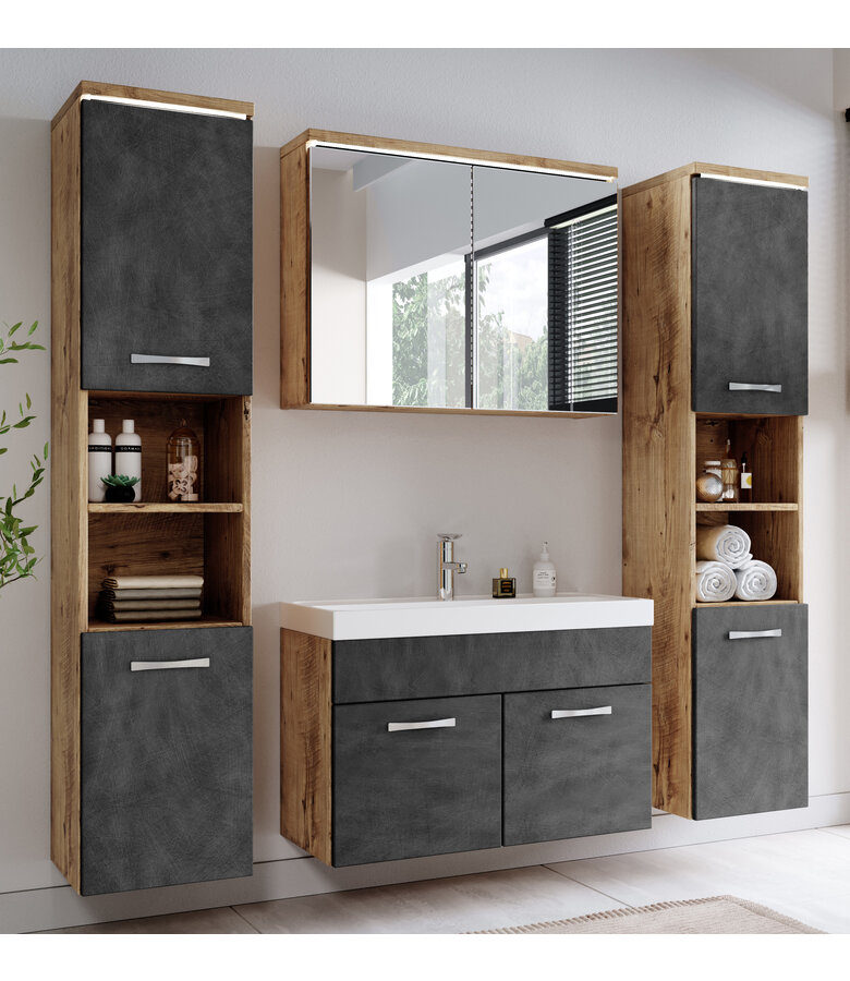 Badkamermeubel Paso XL LED 80cm met spiegelkast - kastanje eiken met donker grijs