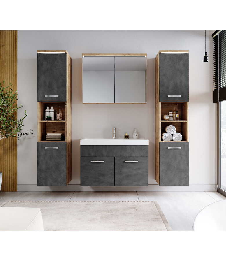 Badkamermeubel Paso XL LED 80cm met spiegelkast - kastanje eiken met donker grijs