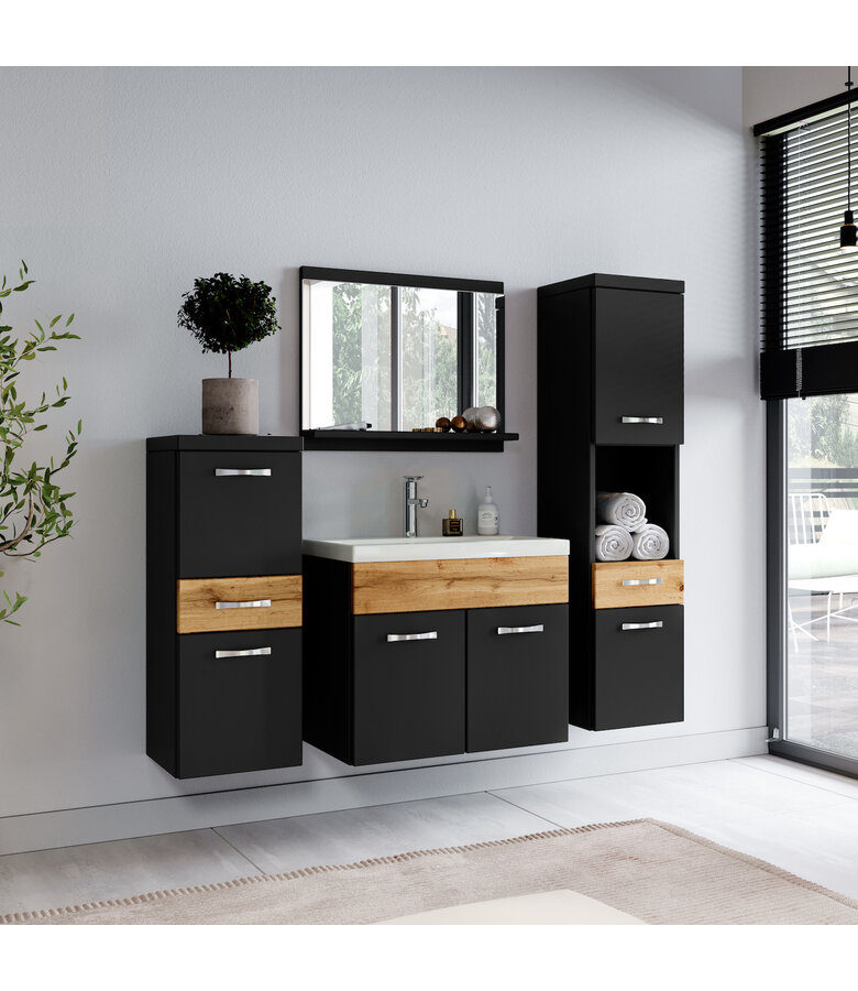 Badkamermeubel Alba 60cm met zijkast - mat zwart met eiken