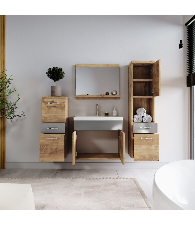 Badkamermeubel Alba 60cm complete set - kastanje eiken met hoogglans grijs