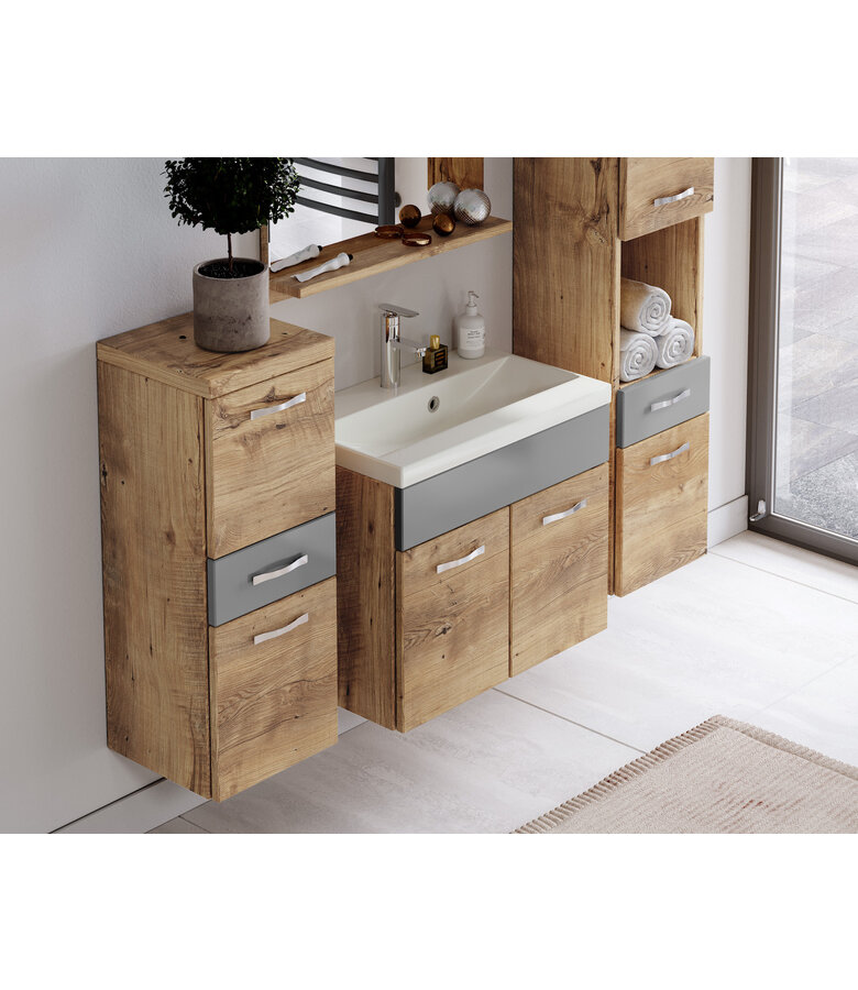 Badkamermeubel Alba 60cm complete set - kastanje eiken met hoogglans grijs