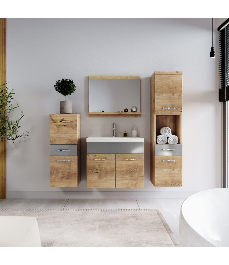 Badkamermeubel Alba 60cm complete set - kastanje eiken met hoogglans grijs