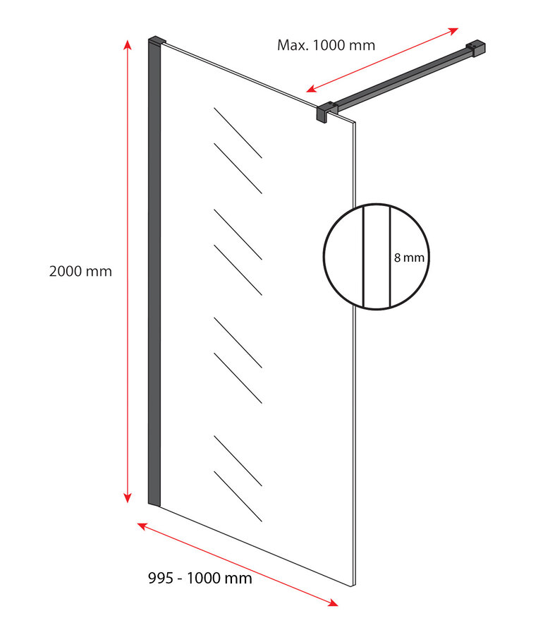 Douchewand Florida 100 x 200 cm - zwart - inloopdouche 8mm