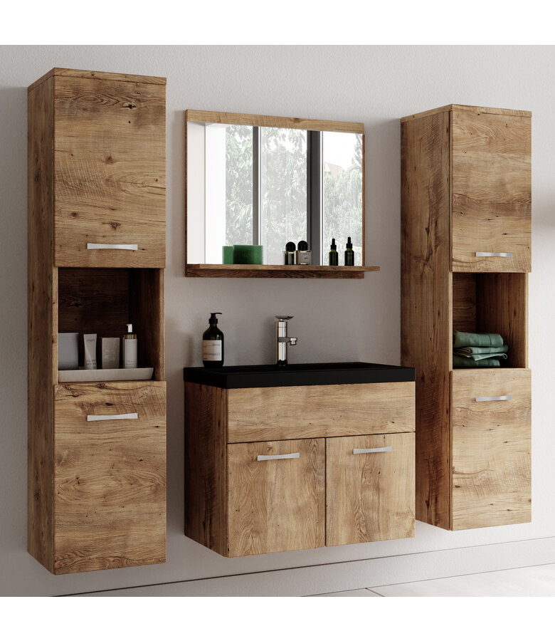 Badkamermeubel Montreal XL 60cm complete set - kastanje eiken - zwarte wastafel