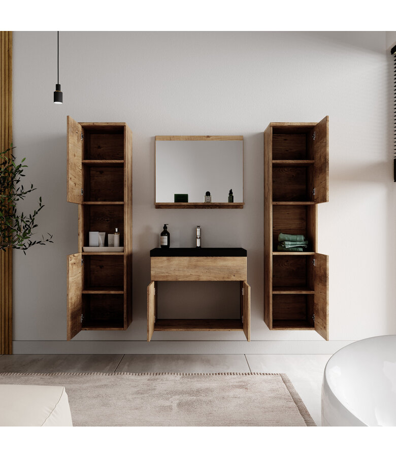Badkamermeubel Montreal XL 60cm complete set - kastanje eiken - zwarte wastafel