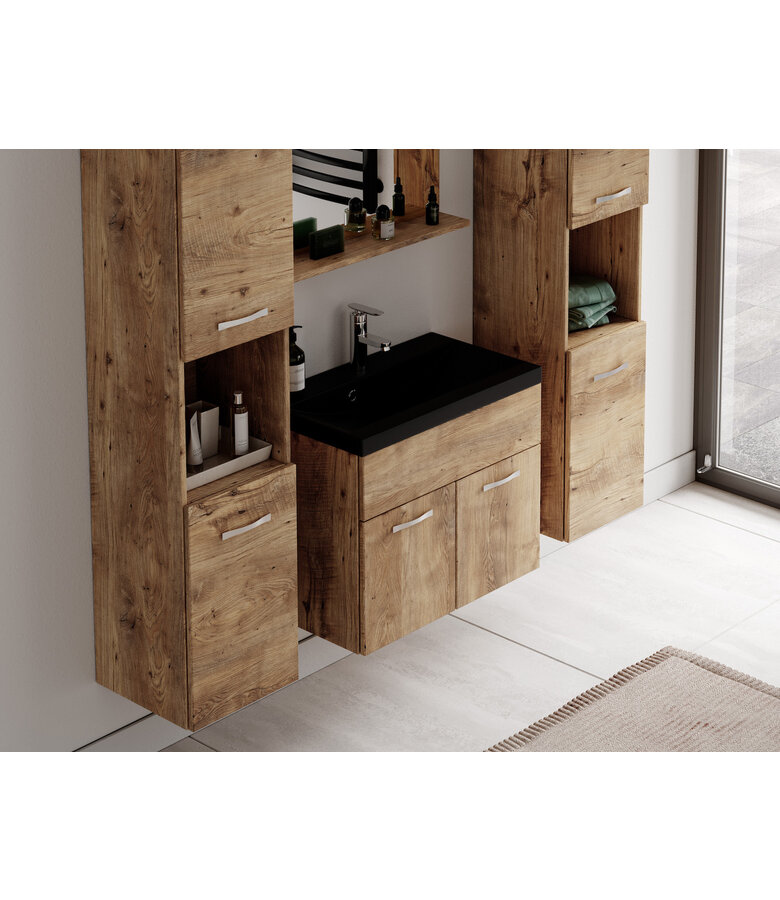 Badkamermeubel Montreal XL 60cm complete set - kastanje eiken - zwarte wastafel