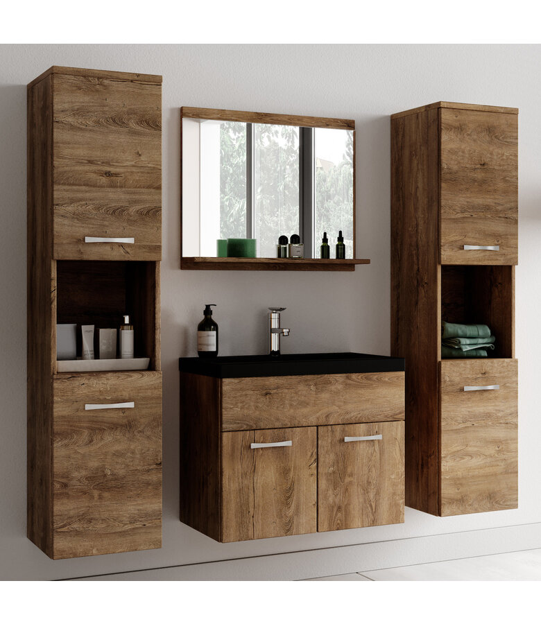Badkamermeubel Montreal XL 60cm complete set - bruin eiken - zwarte wastafel